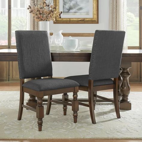 Greyleigh™ Kitchen & Dining Furniture | Wayfair Design Hacks, Wood Side Chair, Brown Legs, Gray Dining Chairs, Solid Wood Dining Chairs, Linen Color, Upholstered Side Chair, Nail Head, Chair Upholstery