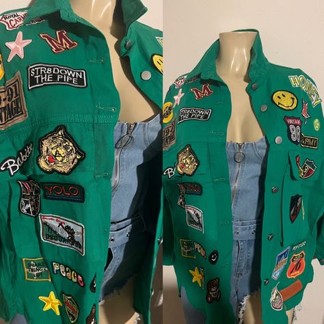 Available In Small- Large Cheap College Outerwear With Patches, Jackets With Patches, Trendy Denim Outerwear With Patches, Fitted Denim Outerwear With Patches, Custom Dickie Outfits, Cute Denim Outerwear With Patches, Camo Jacket With Patches, Dickies Outfit, Green Lace Top