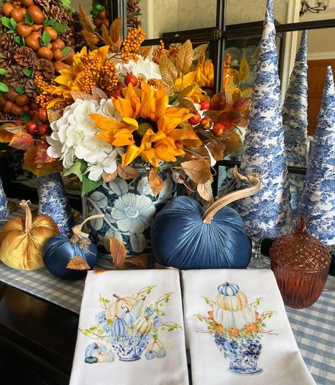 Nichole ~The Permanent Garden on Instagram: "🍁💙🍁What’s better than Chinoiserie and Pumpkins!! Sharing some of our new fall towel designs again. You guys have been loving these so much and that makes me so happy! We have a jar overflowing with pumpkins and flowers and a neatly stacked fall pumpkin topiary. Shop these and other new designs online!! 🍁💙🍁  Tap the photo to shop 🛍 and FREE 📦shipping on all orders over $35. If you need a link I’m happy to send one, please message me. You can also tap the link in my bio and go right to my website.   . . . . . . . #thepermanentgarden #blueandwhitechicpassion #preppychicpassion  #bhg #southernliving #southerncharm #traditionalhome #traditionalhomedecor #chinoiseriestyle #chinoiserie #chinoiseriechic #chinoiseriechicstyle #blueandwhiteforever Fall Chinoiserie Decor, Blue Willow Decor, Blue Fall Decor, Chinoiserie Pumpkins, Topiary Plants, Fabric Tree, Pumpkin Topiary, Chinoiserie Style, Stacked Pumpkins