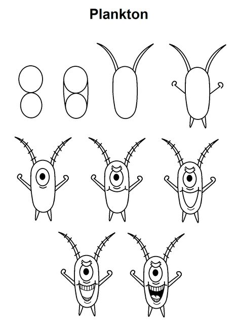 Step-by-step to draw Plankton from SpongeBob SquarePants. Disney Drawings Easy Step By Step Cartoon Characters, Easy Drawing Spongebob, Cartoon Drawings Disney Step By Step, Spongebob Drawings Step By Step, How To Draw Spongebob Characters Step By Step, Spongebob Doodles Easy, Drawing Spongebob Cartoon Characters, Easy Drawings Tutorial Step By Step, Cartoon Characters Drawing Step By Step