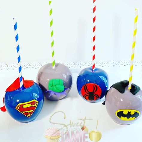 Superhero Party Treats, Avenger Treats, Superhero Treats, Superhero Candy, Phoenix Party, Apple Character, Spiderman Birthday Cake, Super Hero Theme, Batman Party