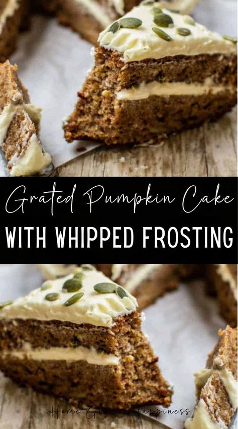 This easy-grated pumpkin cake is moist and full of texture and flavour. Both pumpkin seeds and sunflower seeds give this cake texture. It’s full of flavour and spices and grated apple and grated pumpkin bring moisture. The finished cake is layered and topped off with an airy whipped cream cheese frosting. If you’re a fan of carrot cake, you will love this cake too. Cake With Whipped Frosting, Pumpkin Baking Recipes, Lemon Cream Cheese Icing, Cake Texture, Whipped Cream Cheese Frosting, Lemon Cream Cheese Frosting, Lemon Cream Cheese, Whipped Frosting, Whipped Cream Cheese