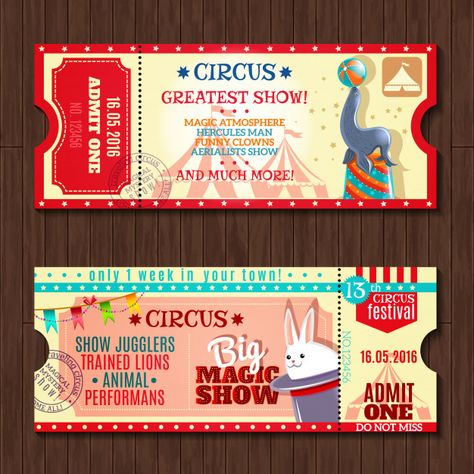 Circus show two vintage tickets set Free Vector Vintage Ribbon Banner, Circus Tickets, Carnival Tickets, Magazine Cover Template, Circus Show, Vintage Ticket, Big Magic, Pop Art Women, Ticket Design