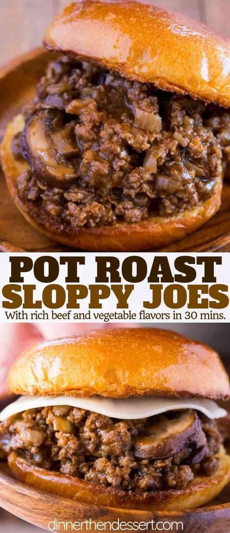 Pot Roast Sloppy Joes made with all the delicious flavors of a slow roasted pot roast with the ease of a sloppy joe recipe on a buttered brioche bun. | #potroast #beef #sloppyjoes #groundbeef #sandwich #dinnerthendessert #dinner Sloppy Joes Dinner, Sloppy Joe Recipe, Dinner Then Dessert, Brioche Bun, Joe Recipe, Pizza Sandwich, Sloppy Joes Recipe, Sloppy Joe, Sloppy Joes