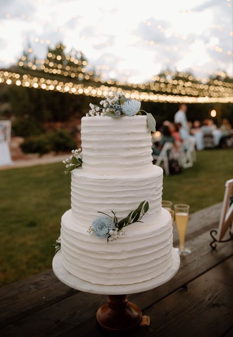 Dusty Blue Wedding Cake Table, Dusty Blue Simple Wedding Cake, Wedding Cake For Blue Theme, Simple Wedding Cake With Blue Flowers, Dusty Blue Theme Wedding Cake, White Wedding Cake With Blue Accent, Wedding Cake Dusty Blue And Sage Green, Simple Wedding Cake Blue Flowers, Sage Green And Blue Wedding Cake