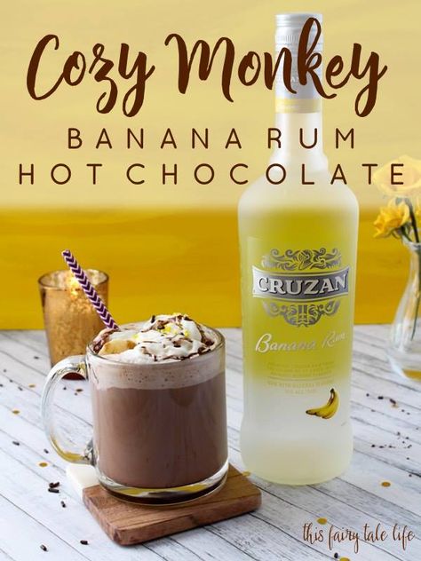 Cozy Monkey Hot Chocolate with Banana Rum Banana Rum Recipes, Monkey Coffee, Banana Rum, Gourmet Hot Chocolate, Rum Recipes, Monkey And Banana, Hot Chocolate Drinks, Alcohol Drinks, Hot Chocolate Recipes