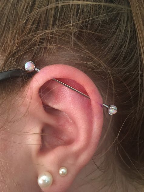 Industrial with opal ends. Done at Koi Piercing studio in SLC. My photo Piercing Industrial, Pretty Ear Piercings, Industrial Piercing, Piercing Studio, All Things Beauty, Koi, Ear Piercings, Ear Cuff, Piercings