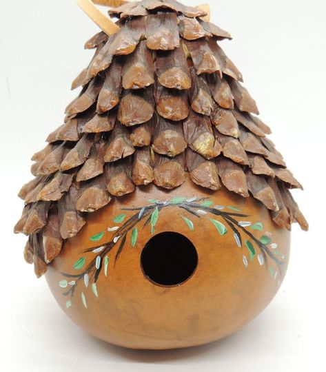 Gourds Birdhouse, Hand Painted Leather, Gourd Art, Painting Leather, Pine Cone, Birdhouse, Gourds, Bird Houses, Pine Cones