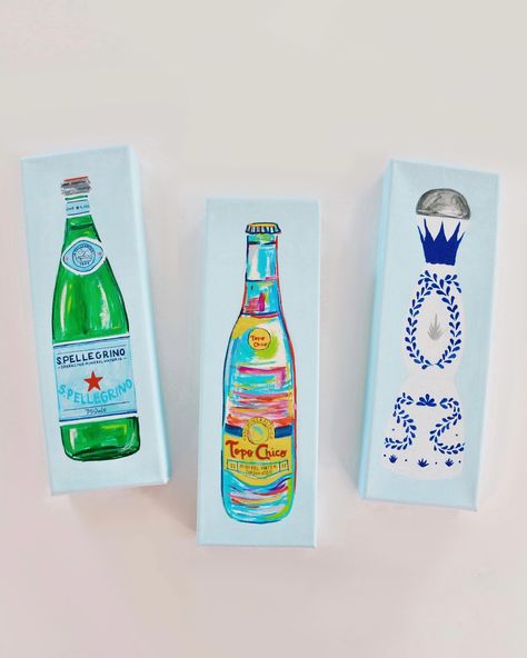 4x12” original hand painted bottle canvases! These make for perfect gifts! $45ea. Series includes: Topo Chico, Pellegrino, Veuve Clicquot, La Marca, Casa Azul, and Casamigos. 1-2 week turn around time, pick up in AU or Columbus or $10 shipping. Preppy Alcohol Painting, College Painted Champagne Bottle, Preppy Champagne Painting, Veuve Bottle Painting, Champagne Bottle Painting Canvas, Dorm Room Paintings, Hand Painted Bottles, Bar Cart Art, Painted Bottle