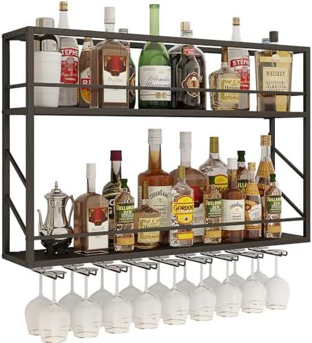 Amazon.com: PIKYsailed 59 Inch Metal Wine Rack Wall Mounted, Bar Shelves Wall Mounted with LED Light, Large 3-Tier Liquor Bar Display Shelf with Hang Mugs and Wine Glasses for Home Bars & Kitchen, Black : Home & Kitchen Glass Shelves Bar, Back Bar Shelving, Liquor Wall, Liquor Shelves, Wall Bar Shelf, Liquor Bottle Display, Bar Shelving, Floating Bar, Wall Wine Rack