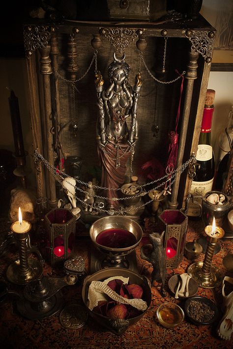 Altar to goddess with offerings of figs, wine, and snakeskin. Witches Altar, Wiccan Altar, Pagan Altar, Wicca Witchcraft, Witch Aesthetic, Coven, Gods And Goddesses, Sacred Space, Book Of Shadows