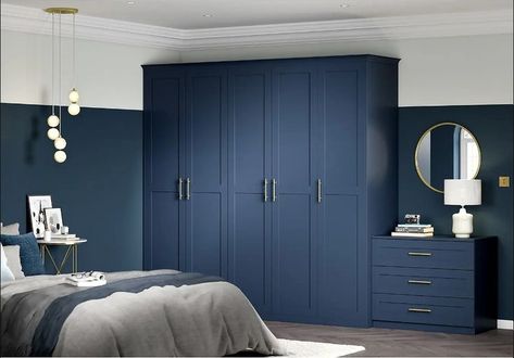 White And Blue Wardrobe Design, Blue And White Panelling Bedroom, Navy Blue Wardrobe Bedroom, Blue Cupboards Bedroom, Navy Wardrobe Bedroom, Blue Wardrobe Design, Blue Wardrobe Bedroom, Navy Blue Wardrobe, Bedroom Wardrobe Colour Combination