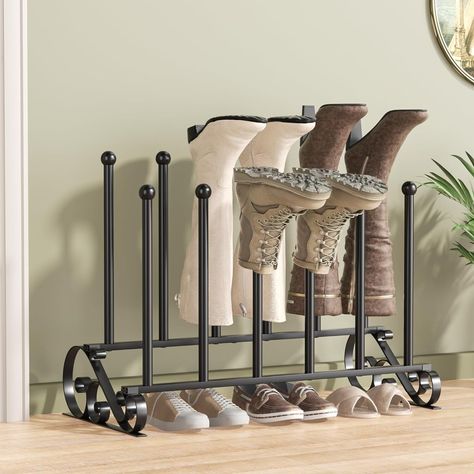 Free Standing Shoe Racks Black Metal Shoe Organizer for Boots with Swirls Shape   👠【Free Standing Shoe Racks】: Pickpiff Boot Rack is perfect for 4 pairs Boots in different shape, such as for Tall Knee-High, Hiking, Riding, Rain or Work Boots. It's standard size for most family, this shoe organizer is made of metal material with coating and rectangle steady base, providing more stable and durable. 👠【Not Only for Boots】: Elevated design to increase the air circulates, and the next time you wear your shoes, no more smells. Your slippers, canvas shoes, etc. can be placed underneath, which is a good storage helper that can save space. 👠【Prevent Creases】: With the design of inverted storage and round top fits boots perfectly, Pickpiff boot rack keeps boot shafts straight, prevents debris and Farmhouse Shoe Rack, Outdoor Shoe Storage, Rustic Boots, Boot Rack, Shoe Racks, Small Closet Organization, Shoe Organizer, House Slippers, Shoe Storage