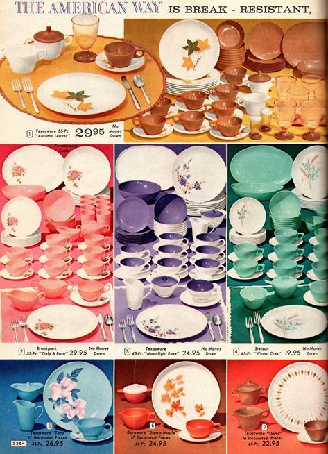 1950s Dishes, 1980 House, 1950s Farmhouse, Dishes Sets, Kitchens Decor, Vintage Food Ads, Retro Dishes, Melamine Dishes, Mcm Kitchen