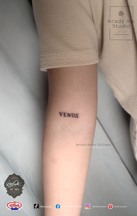 Venus Word Tattoo, Venus Tattoo Word, Venus Inspired Tattoo, Venus Tattoos, Grandchildren Tattoos, Venus Tattoo, Tattoos Inspo, Name Tattoo, Dope Tattoos