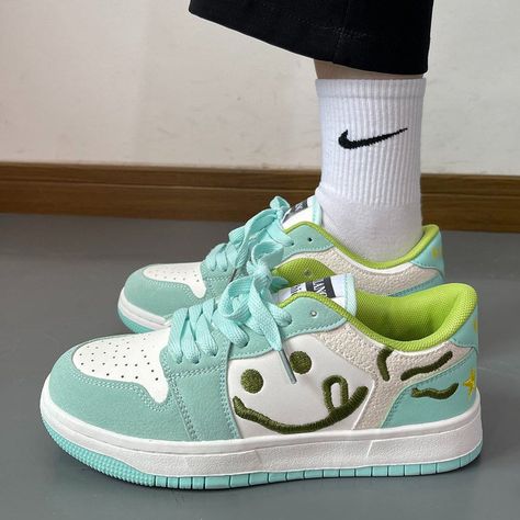 Smiling Face Embroidery Mint Green Sneakers Step out in style with our elegant Smiling Face Embroidery Mint Green Sneakers. Crafted with high-quality materials, these sneakers feature a charming smiling face embroidery that adds a touch of whimsy to any outfit. With their comfortable fit and unique design, these sneakers are sure to turn heads and keep your feet happy all day long. Mint Green Sneakers, Aesthetic Sneakers, Kawaii Swimsuit, Face Embroidery, Soft Aesthetic, Kawaii Dress, Green Sneakers, Smiling Face, Aesthetic Shoes