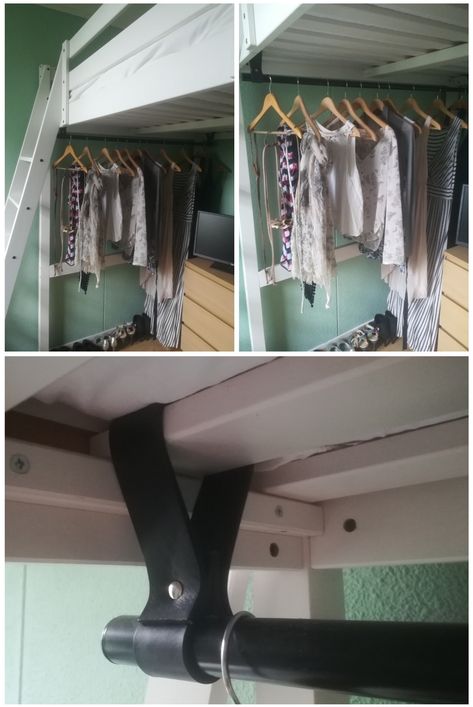 DIY for small (student)rooms, loft bed clothing rack out of used pieces of a belt Hanging Clothes Under Loft Bed, Loft Bed Small Apartment, Tiny Home Hanging Clothes, Adult Loft Bed For Small Rooms Storage, Loft Bed Repurposed, Loft Bed Ideas For Shared Rooms, Loft Bed With Clothing Storage, Clothing Rack Under Loft Bed, Loft Bed Ideas For Short Ceiling