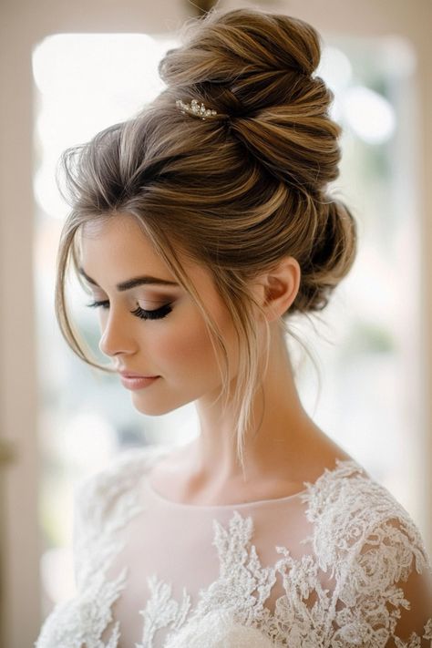 Looking for inspiration? These 35+ high bun bridal styles are perfect for modern and traditional weddings alike. From classic ballerina buns to soft, romantic twists, these styles add sophistication to any dress. Make your big day unforgettable—explore them now! #weddinglooks #bridalstyle #eleganthair High Bun Styles, High Bun Bridal, Bun Bridal Hairstyles, Auburn Highlights, Ballerina Bun, Beautiful Bridal Hair, Traditional Weddings, Bridal Styles, Bun Styles