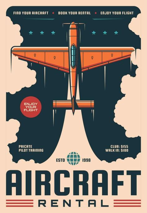 Aircraft or airplane rental service vintage poster Retro Airplane, Airplane Poster, Aircraft Images, Aviation Posters, Vector Poster, Pilot Training, Logo Design Inspiration Branding, Air Plane, Plane Travel