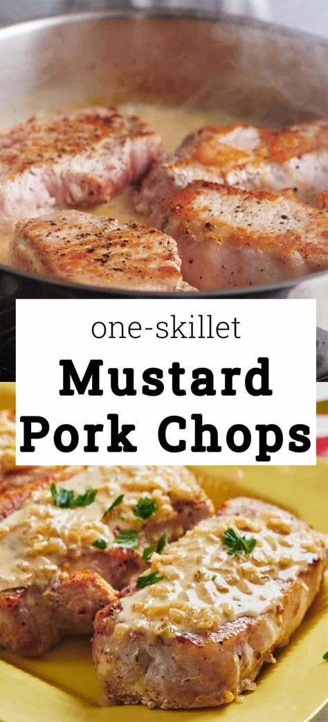 One-Skillet Creamy Mustard Pork Chops / A perfect weeknight pork chop dinner: delicious, comforting, and made in one skillet (including the creamy mustard sauce!). Pork Chop Recipes With Mustard, Pork Chop Recipes Cast Iron Skillets, Pork Chops With Mustard Sauce, Pork Chop Mustard Sauce, Southern Pork Chop Recipes, Pork Chop Recipes Skillet, Dijon Mustard Pork Chops, Sauce For Pork Chops, Pork Chop Dinner Ideas