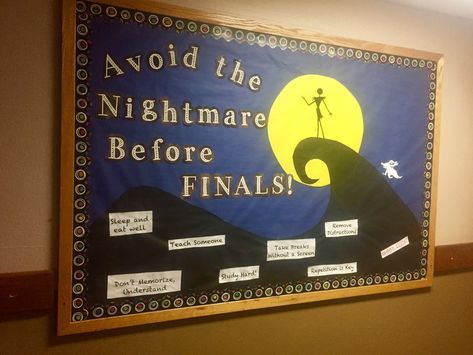 Avoid the Nightmare before FINALS! Disney’s The Nightmare Before Christmas themed RA bulletin board. Study tips at the bottoms! #RA #CA #reslife Finals Bulletin Board, Fall Church Bulletin Boards, Dorm Bulletin Boards, Book Bulletin Board, October Bulletin Boards, November Bulletin Boards, College Bulletin Boards, Ra Themes, Bulletin Boards Theme