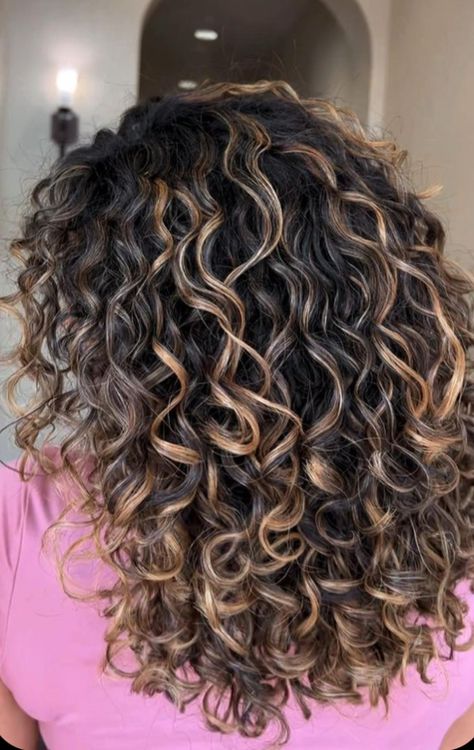 Curly Hair Highlights And Lowlights, Chunky Highlights Curly Hair, Balayage Curls, Layered Curly Haircuts, Curly Highlights, Really Curly Hair, Highlights Curly, Curly Color, Dark Curly Hair