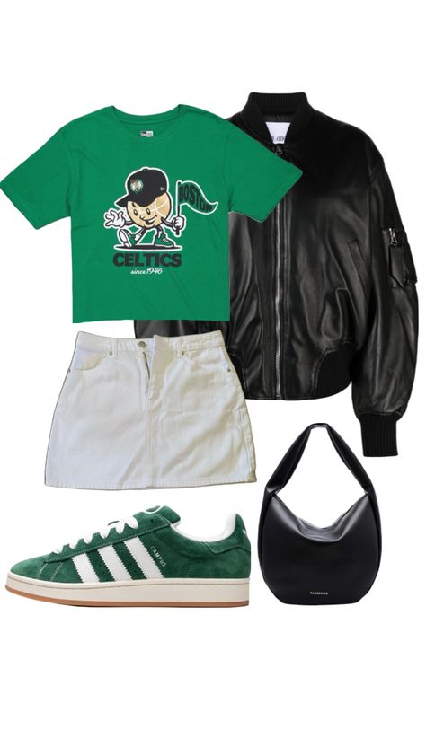 Basketball game outfit Celtics Game Outfit, Celtics Outfit, Boston Celtics Outfit, Celtics Game, Basketball Game Outfit, Celtics Basketball, Game Outfit, Trendy Shoes Sneakers, Basketball Clothes