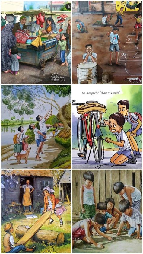 Childhood Nostalgia Art, Old Village Photo, Indian Childhood Memories 90s, Penting Art, Cute Art Drawings, Village Drawing, Childhood Images, Childhood Memories Art, Meaningful Photos