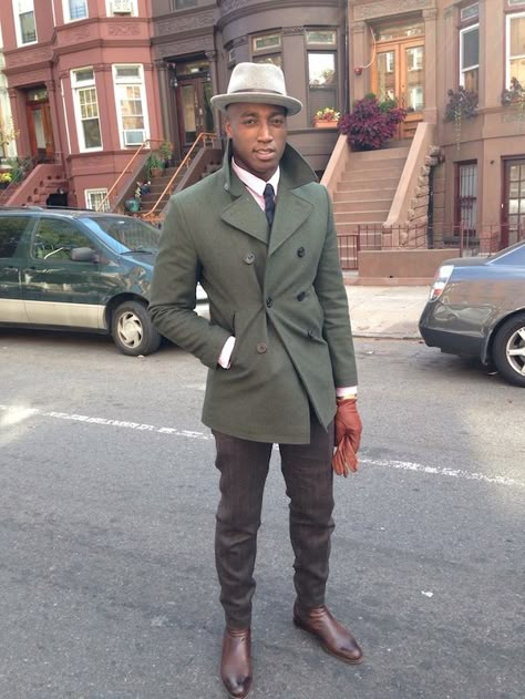 Young man...imagine the reaction of everyone you will encounter on a daily basis, if you walked out the door each day like this. Dark Brown Dress Pants, Dark Brown Dress, Brown Leather Chelsea Boots, Brown Leather Gloves, Peacoat Men, Brown Dress Pants, Peacoats, Sharp Dressed Man, Green Coat