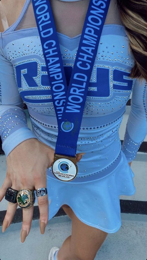 All Star Cheerleading Aesthetic, Comp Cheer Aesthetic, Cheerleading Aesthetic Blue, Allstar Cheer Aesthetic, Allstar Cheer Uniform, Highschool Cheer Aesthetic, Highschool Cheer, Aesthetic All Star Cheer Pictures, All Star Cheer Uniforms