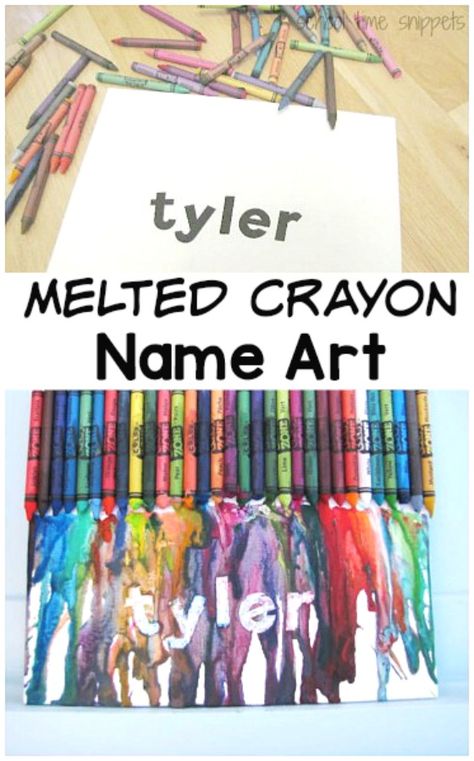 This crayon drip name art project is a fun process art activity using melted crayons! Your child will love creating this melted crayon keepsake project on canvas. #artprojectsforkids Name Activities For Preschool, Crayon Projects, Melted Crayon Canvas, Name Art Projects, Crayon Canvas, Melted Crayons, 4h Projects, Fall Fair, Melted Crayon Art