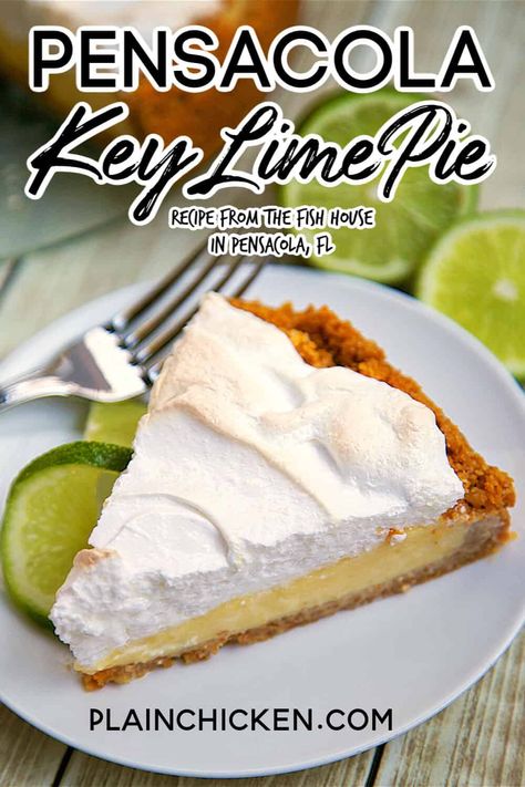 Pensacola Key Lime Pie - recipe from The Fish House in Pensacola Florida. Seriously THE BEST Key Lime Pie recipe. Everyone raves about this pie! Homemade graham cracker crust, key lime juice, eggs, sweetened condensed milk. Can top with meringue or fresh whipped cream. Either way is delicious! SO simple, but SO good!! This never lasts long and everyone wants the recipe! #pie #dessert #keylime Key Lime Pie Recipe With Meringue, Lime Deserts, Key Lime Meringue Pie, Best Homemade Cheesecake Recipe, Best Key Lime Pie Recipe, Key Lime Pie Recipe No Bake, Lime Meringue Pie, Key Lime Recipes, Homemade Graham Cracker