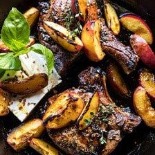 Skillet Balsamic Peach Pork Chops with Feta and Basil - Half Baked Harvest Balsamic Peach, Balsamic Pork Chops, Peach Pork Chops, Slow Cooked Pulled Pork, Half Baked Harvest Recipes, Pork Entrees, Recipes To Make For Dinner, Balsamic Pork, Apple Pork Chops