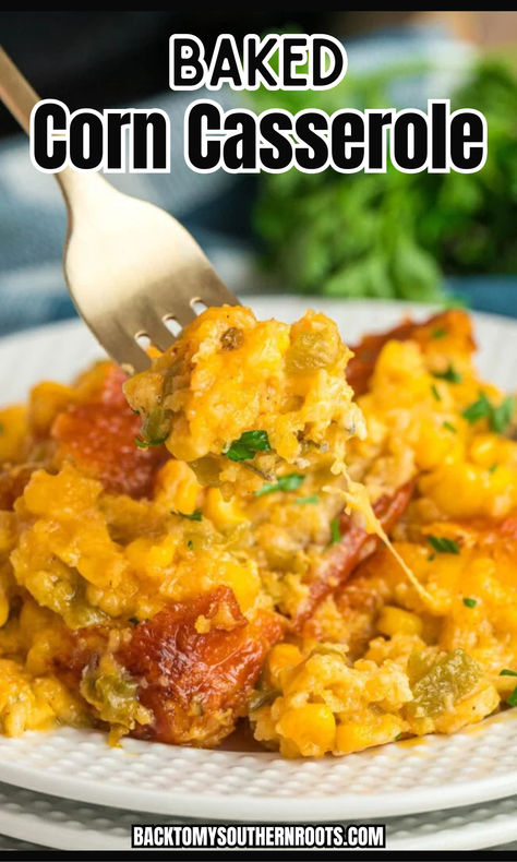 This baked corn casserole is the perfect mix of sweet, savory, and a little heat from green chilies. With melty cheese and a rich, creamy texture, it’s a go-to dish for potlucks, family dinners, or whenever you need a comforting side!  #corncasserole #cheesybakes #comfortfood #easybakedrecipes #familyfavorites Corn Casserole With Cheese, Baked Corn Casserole, Casserole With Cheese, Recipe With Cheese, Cheese Corn Casserole, Corn Casserole Recipe, Baked Corn, Potluck Dishes, Corn Casserole