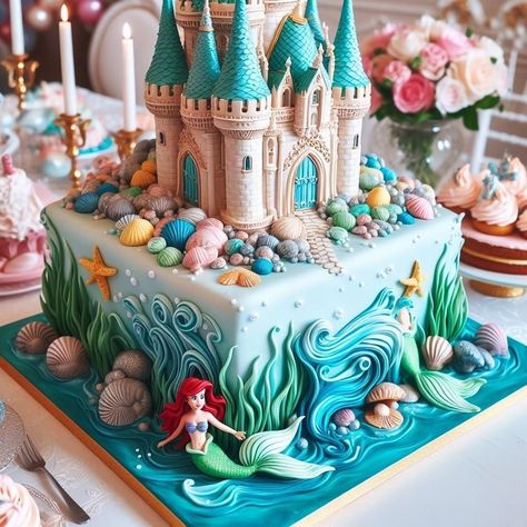 Ocean Theme Cake, Paris Pastries, Castle Cakes, Beach Themed Cakes, Ariel Birthday Party, Diy Cakes, Cake Decorating Inspiration, Cakes Beautiful, Birthday Cake Designs