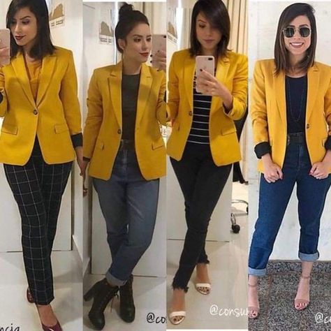 9adeb82fffb5444e81fa0ce8ad8afe7adesc54095731ri Mustard Blazer Outfit, Yellow Blazer Outfit, Mustard Blazer, Blazer Outfits Casual, Jacket Outfit Women, Fashionable Work Outfit, Blazer Outfits For Women, Dressy Casual Outfits, Yellow Blazer