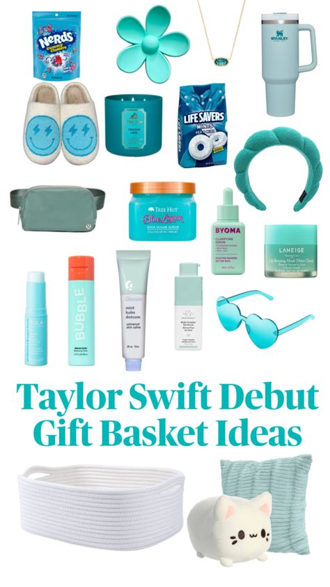 The perfect gift basket for Swifty, who loves Taylor Swift’s debut album Taylor Swift Debut, Perfect Gift Basket, Custom Sneakers Diy, Preppy Gifts, Cute Gifts For Friends, Diy Gift Baskets, Taylor Swift Cute, Birthday Gift Baskets, Gift Inspo