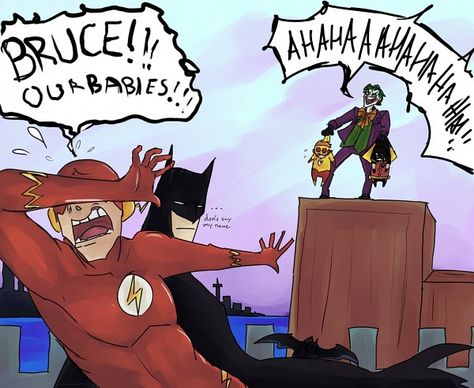 HAHAHAHAhahaha.... It's cute how the babies match their "fathers" Robin is as cool as Batman, while Kid Flash and Flash are hysterical. xD Wayne Family, Kid Flash, Univers Dc, Batman And Catwoman, Batman Funny, Batman Comic Art, Dc Comics Artwork, Im Batman, Dc Memes