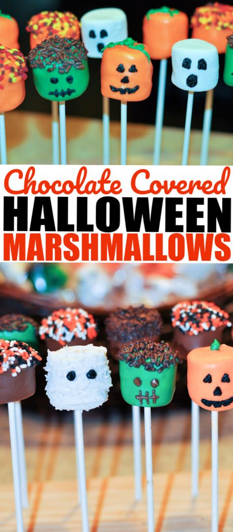 Chocolate dipped Halloween marshmallow pops. This quick and easy recipe for chocolate covered marshmallow pops are a fun Halloween dessert, make them as ghosts, mummies, pumpkins, Frankenstein or monsters. Chocolate Covered Marshmallow Pops, Halloween Marshmallows, Halloween Themed Appetizers, Easy Party Treats, Monsters Cake, Marshmallow Halloween, Kids Treat Bags, Chocolate Covered Marshmallow, Fun Halloween Desserts