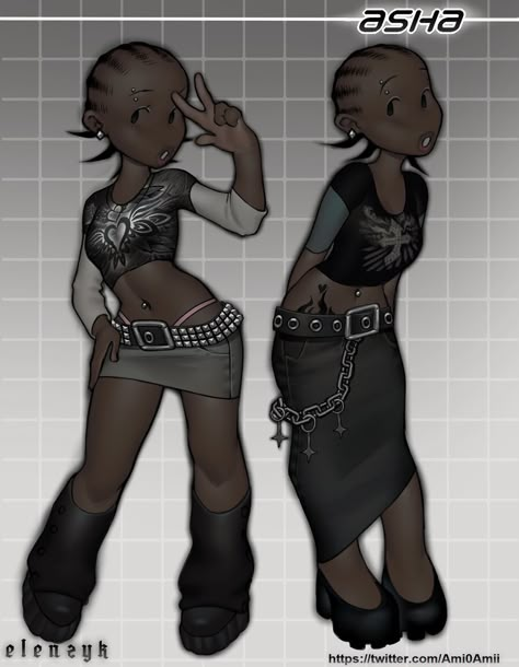 Black Ocs Art, Y2k Oc Art, Two Characters Poses, Cartoon Poses Reference, Black Oc Art, Black Poses, Y2k Art Style, Outfit Ideas Oc, Black Ocs