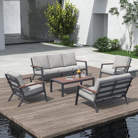 Amazon.com: Soleil Jardin Aluminum Patio Furniture Set with FSC Certified Solid Wood Top Armrest & Coffee Table, Outdoor Deep Seating Sectional Sofa, 5 Piece Conversation Sets w/Removable Cushion, Dark Grey : Patio, Lawn & Garden Platform Patio Sofa, Dark Grey Patio Furniture, Espresso Patio Furniture, Metal Sectional Patio Furniture, Deep Seated Sectional, Black Outdoor Sectional, Aluminum Patio Furniture, Aluminum Patio, Sofa Decor