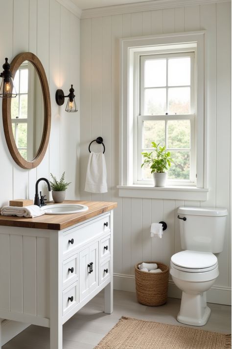 Rustic bathroom featuring wooden vanity and shiplap wall accents Farmhouse Bathroom White Vanity, Cottage Style Bathroom Vanity, Guest Bathroom Shiplap Wall, Small Bathrooms With Shiplap, Bathroom Vanity With Shiplap Wall, Vanity Shiplap Wall, White Shiplap Bathroom, Small Bathroom Shiplap Walls, Ship Lapped Bathroom