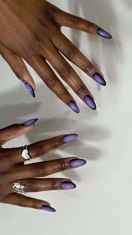 Purple Prom Nails Almond, Coloured Chrome Nails, Aura Nails Purple, Purple Almond Acrylic Nails, Cat Eye Almond Nails, Aura Chrome Nails, Energy Nails, Dark Purple Nail Designs, Purple Aura Nails