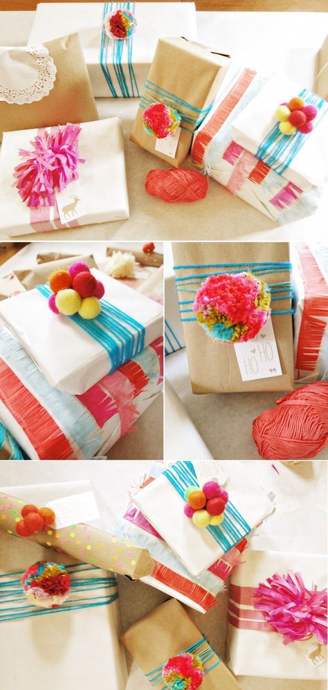 8 Christmas Pom Pom Crafts - diy Thought Christmas Pom Pom Crafts, Christmas Pom Pom, Creative Wrapping, Kraft Paper Wrapping, Pom Pom Crafts, Paper Wrapping, Craft Stash, Creative Gift Wrapping, Cadeau Diy