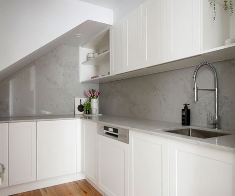 Top Grey Benchtop, Grey Splashback, The Block Kitchen, Boutique House, Kitchen Grey, Kitchen Benchtops, Laundry Room Cabinets, Kitchen Splashback, Kitchen Gallery