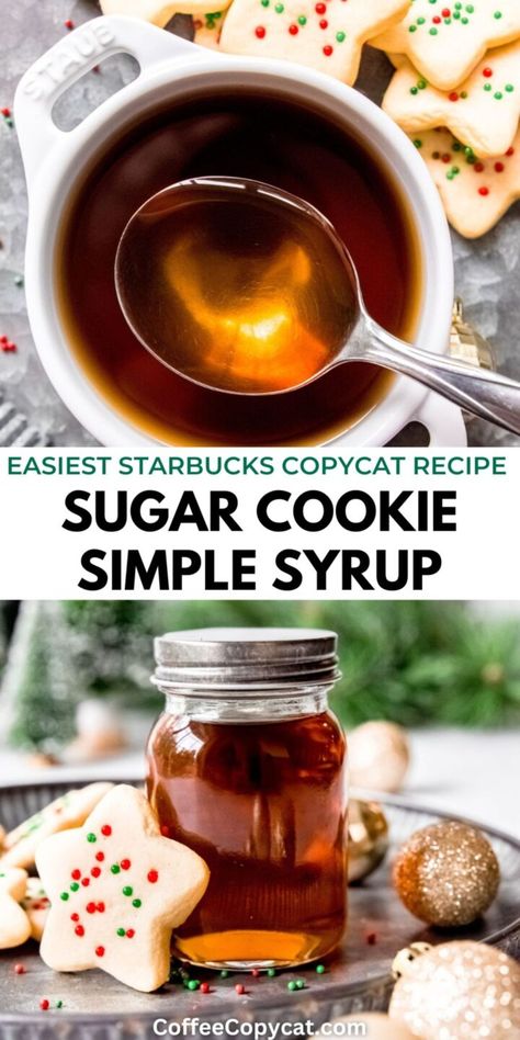 Sugar Cookie Syrup (Starbucks Copycat) - coffeecopycat.com Iced Sugar Cookie Latte, Coffee Syrup Recipes, Sugar Cookie Syrup, Coffee Sugar Cookies, Sugar Cookie Latte, Homemade Coffee Syrup, Homemade Starbucks, Buttery Sugar Cookies, Coffee Syrups