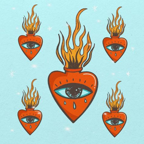 Printable Hearts, Fire Illustration, Heart With Eyes, Cupid Tattoo, Fire Eyes, Fire Drawing, Skull Crafts, Eye Illustration, Hearts On Fire