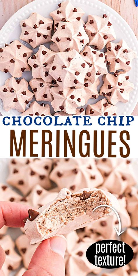 Chocolate Meringue Cookies are easy-to-make, melt-in-your-mouth treats with BIG chocolate flavor! Just a few ingredients are needed to make these fun, delicious cookies! Dark Chocolate Meringue Cookies, Chocolate Chip Meringues, Stuffed Meringue Cookies, Hot Chocolate Meringue Cookies, Chewy Meringue Recipe, Keto Meringue Cookies, Merange Cookies Meringue Christmas, Meringue Puffs, Meringue Bites