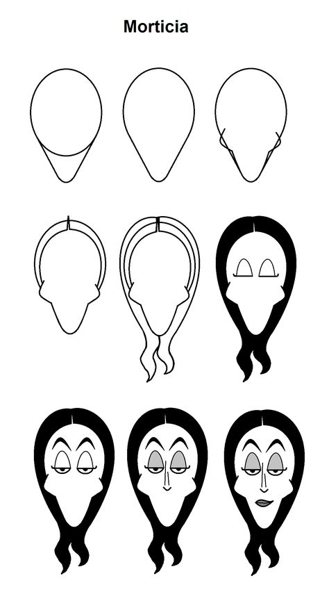 Step-by-step to draw Morticia Addams from The Addams Family. Adams Family Drawing Easy, Addams Family Pumpkin Painting, Addams Family Coloring Pages, Thing Addams Family Drawing, Addams Family Drawings, Addams Family Pumpkin Carving, Adams Family Nail Art, Adams Family Drawing, How To Draw Wednesday Addams