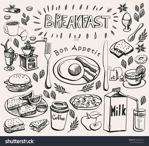 Food Doodles, Breakfast Set, Abstract Photos, Food Illustrations, Photo Colour, Bon Appetit, Doodle Art, Stock Vector, Hand Drawn